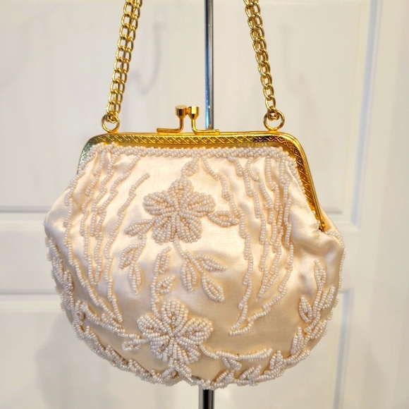 Vintage Sharonee Silk & Hand Beaded Evening Bag Purse Gold Tone Chain 7" - Picture 1 of 11